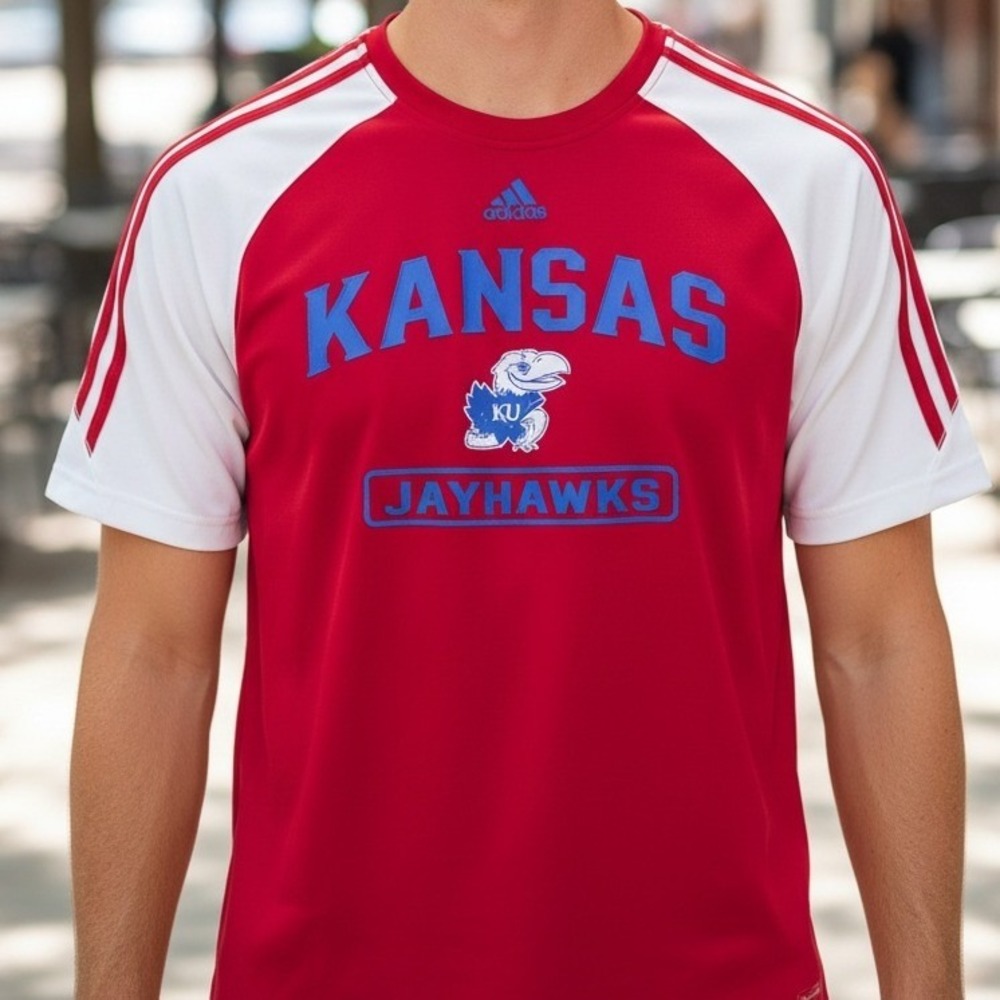 Adidas Kansas Jayhawks Mens Red White Raglan Short Sleeve Jersey T-Shirt L